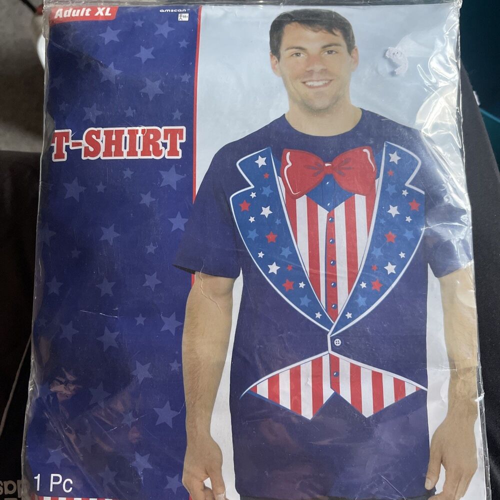 Amscan Adult XL X-Large Blue Shortsleeve T Shirt Uncle Sam Patriotic Tux USA
